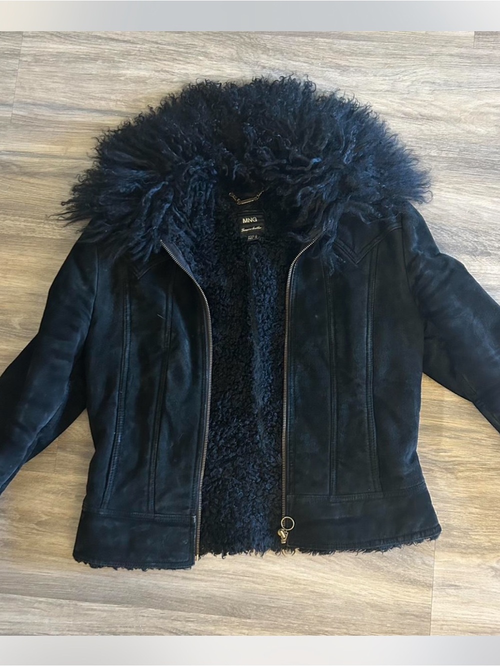 Mango Black Shearling-Lined Leather Jacket with Fur Collar